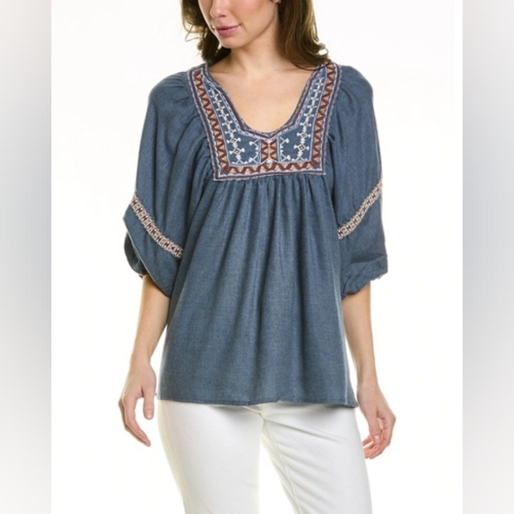 Max Studio Embroidered Boho Pesant Puff Sleeved Festival Blouse Cotton Blend S